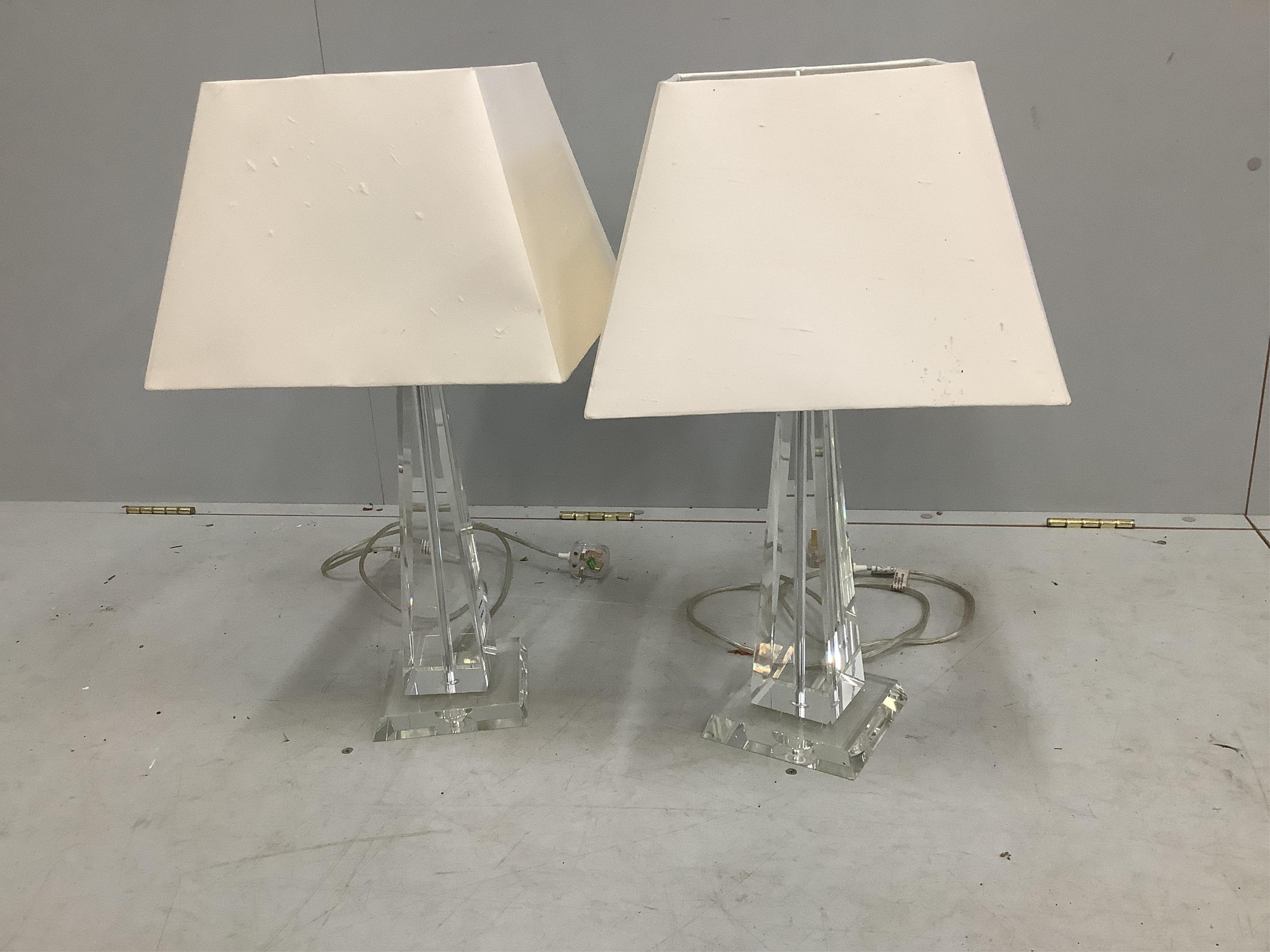 A pair of Contemporary glass table lamps, height including shades 61cm. Condition - good